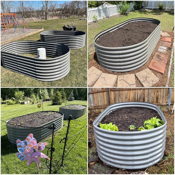 A ANLEOLIFE 8X4X2 ft Galvanized Raised Garden Beds Outdoor Oval Large Metal Deep Root Planter Box for Planting Vegetables Flowers Herb Anti-Rust &amp Easy-Setup Quartz Grey