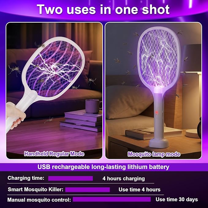 Qualirey 4 Pcs Electric Fly Swatter Bug Zapper Racket 2 in 1 USB Rechargeable Mosquito Racket 3000v High Powered Mosquito Killer for Indoor Outdoor Home Bedroom Kitchen Patio Office Insect(Waves)