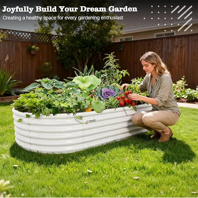 A ANLEOLIFE 8X4X1.5 ft Galvanized Raised Garden Beds Outdoor Oval Large Metal Planter Box for Planting Vegetables Flowers Herb Anti-Rust &amp Easy-Setup Antique White