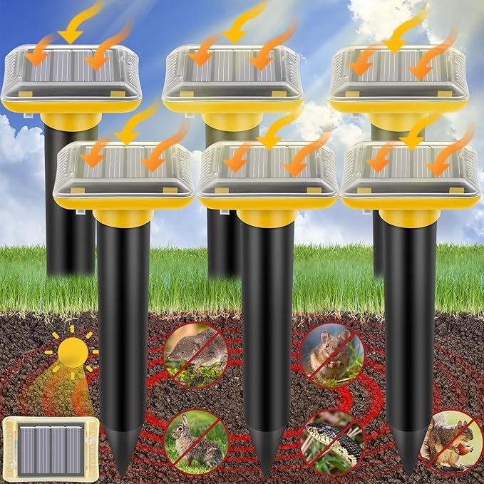 Mole Repellent Solar Powered2025 Upgraded Gopher Repellent Ultrasonic Solar PoweredVole Repeller Outdoor for Lawns Garden YardGopher Trap Killer for MoleSnake (Yellow6 Pack)