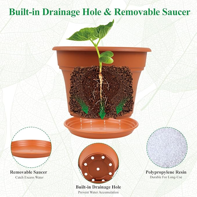 8 Inch Plastic-Flower Pot-for-Indoor Plants 4 Pack Large Outdoor Planter Pot with Drainage Holes &amp Saucers Resin Decorative Garden Pots Planters