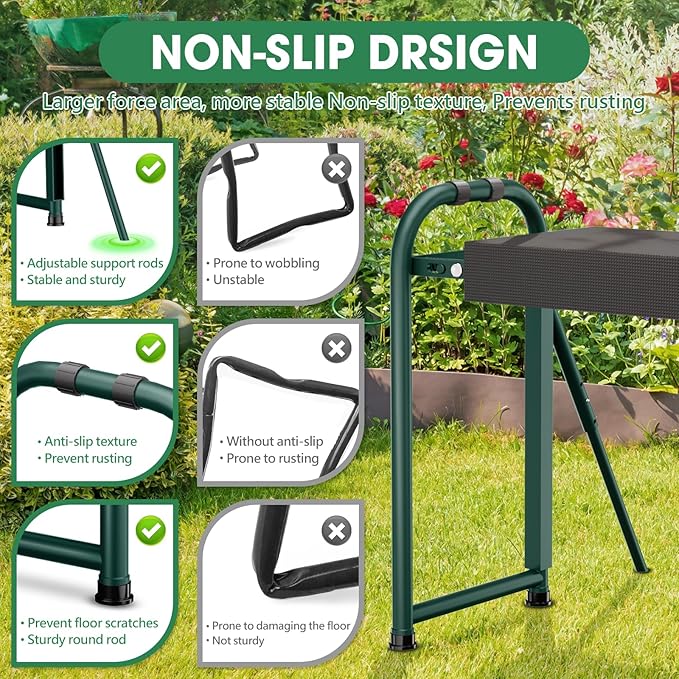 Heavy Duty Garden Kneeler &amp Seat with Support Legs 400lbs Capacity Foldable Gardening Stool Extra Thick Pad &amp Large Tool Organizer Bag Ergonomic for Seniors - Dark Green