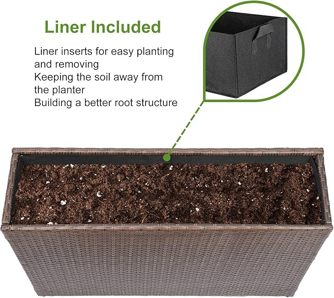 LEWIS&ampWAYNE Large Rectangular Block Planter Box Handmade Wicker Tall Planters for Outdoor Plants with Removable Liners Modern Planter for Indoor Outdoor Patio Deck - Brown 38''x11''x30''
