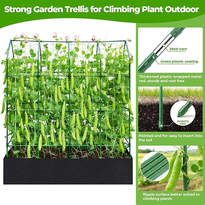 Large Pea Trellis for Climbing Plants Outdoor with Grow Bag67 Tall Metal U-Frame Plant Trellis for Peas with Garden Netting and Plant Clip Plant Ties for Vegetables Cucumber Tomatoes Squash Pea