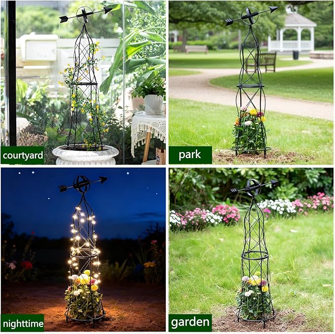 41-Inch Metal Obelisk Trellis – Elegant Garden Support for Climbing Plants Perfect for Outdoor Rose Bushes and Tall Vines Durable Metal Design with Arrow Top for Indoor and Outdoor Use