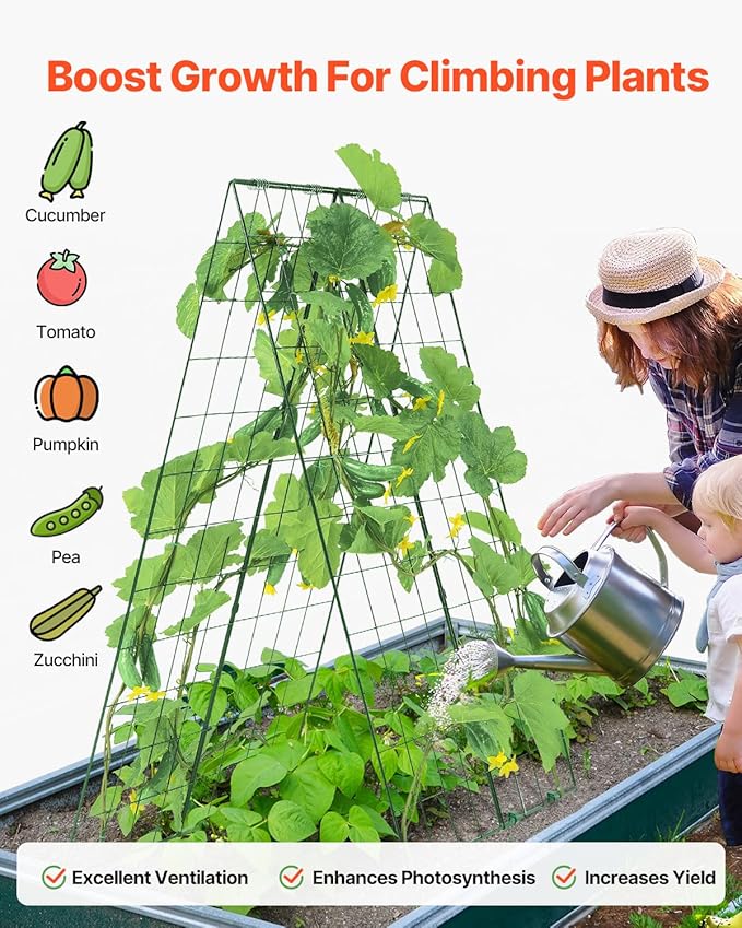VEVOR Cucumber Trellis for Climbing Plants46 H x 32 W Foldable Cucumber Trellis Set with Plant Clips Metal Garden Trellis for Raised Bed Outdoor Plant Grow Support for Tomato Vegetable(2 Pack)