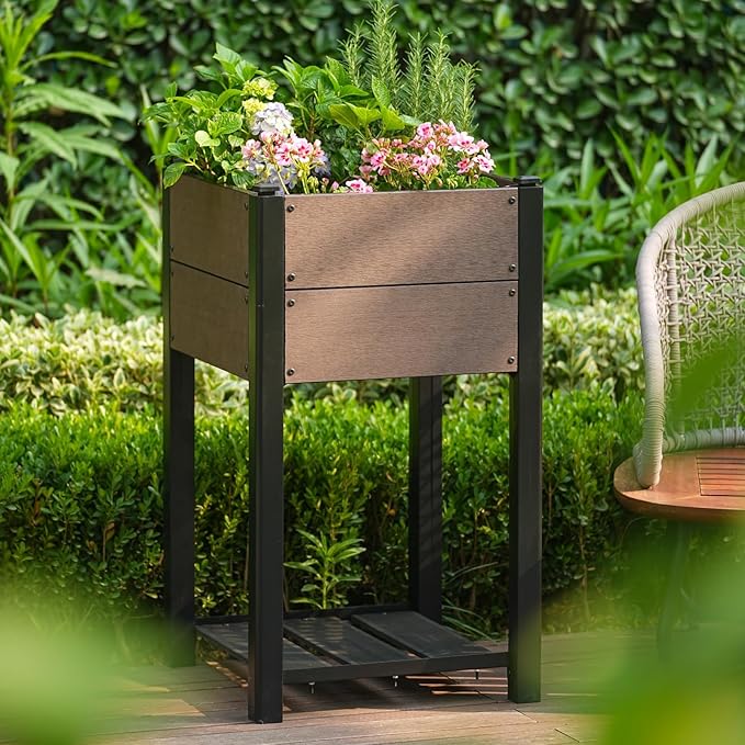 19 l x 33 h HDPE Raised Garden Bed on Legs with Storage Shelf All-Weather Elevated Planter Box Standing Herb &amp Vegetable Grow Bed with Black Aluminum Posts for Patio Balcony and Outdoor Use
