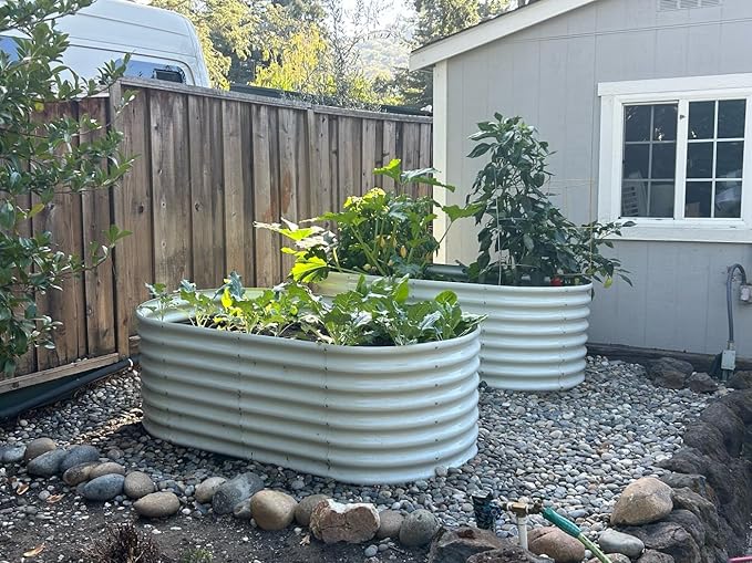 A ANLEOLIFE 8x4x2ft Galvanized Raised Garden Bed Kit Oval Metal Deep Root Planters for Outdoor Plants Vegetables Flowers Herb Large Bottomless 478 Gallon Capacity- Antique White