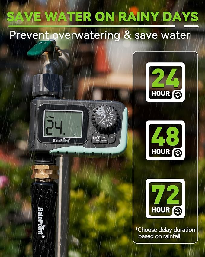 RAINPOINT Sprinkler Timer Programmable Water Timer for Garden Hose Outdoor Soaker Hose Timed with Rain Delay/Manual/Automatic Watering System Digital Irrigation for Yard Lawn 1 Outlet