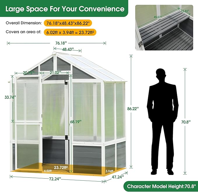 Polycarbonate Greenhouse Outdoor Walk-in Hobby Green House for Patio Backyard Lawn Wooden Greenhouse Garden Shed for Plants Grow House with Front Entry Door (76x48x86 in)