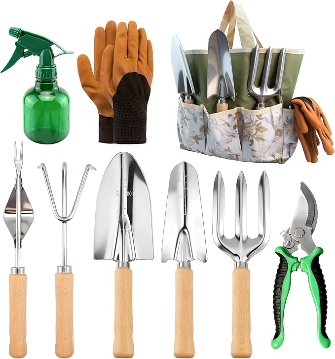 BlingKingdom 9-Piece Garden Tools Set Stainless Steel Gardening Hand Tool Kit with Tote Bag Easy Storage Perfect Gardening Gifts for Beginners Women and Men