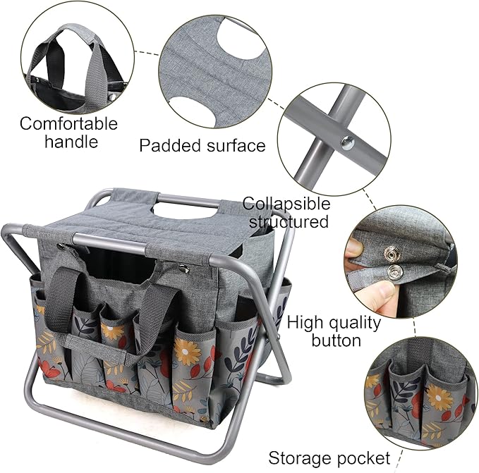 MDSTOP Folding Gardening Stool with Detachable Storage Tote Bag Gardening Tools Set Organizer for Fishing Outdoor Sports Hiking Camping Garden Gardening Gifts for Mom/Dad Without Tools (Aluminum)