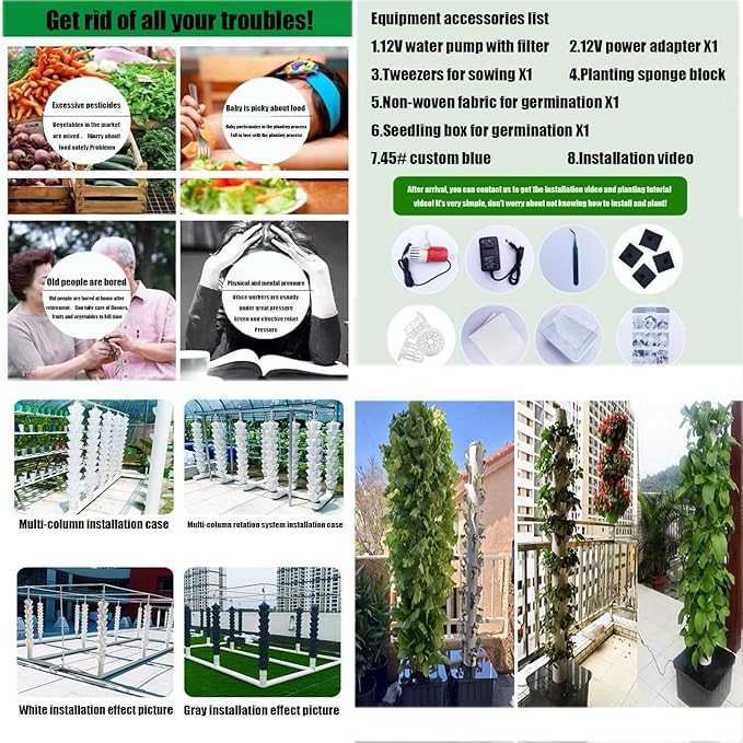 Vertical Farming Tower KitSoilless Cultivation Vertical Hydroponic Planting TowerHydroponic TowerHome/Garden/Farm/Greenhouse Vertical Tower Planters White-8-layer