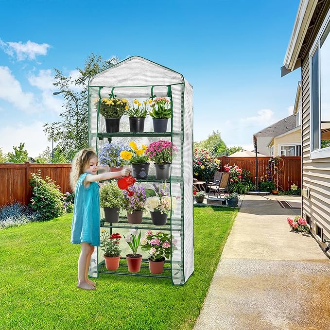 EAGLE PEAK 4-Tier Mini Greenhouse Portable Green House with Shelves &amp Weather-Resistant PE Cover Small Greenhouse for Seedlings &amp Gardening Gifts 27x19x64 in Clear/White
