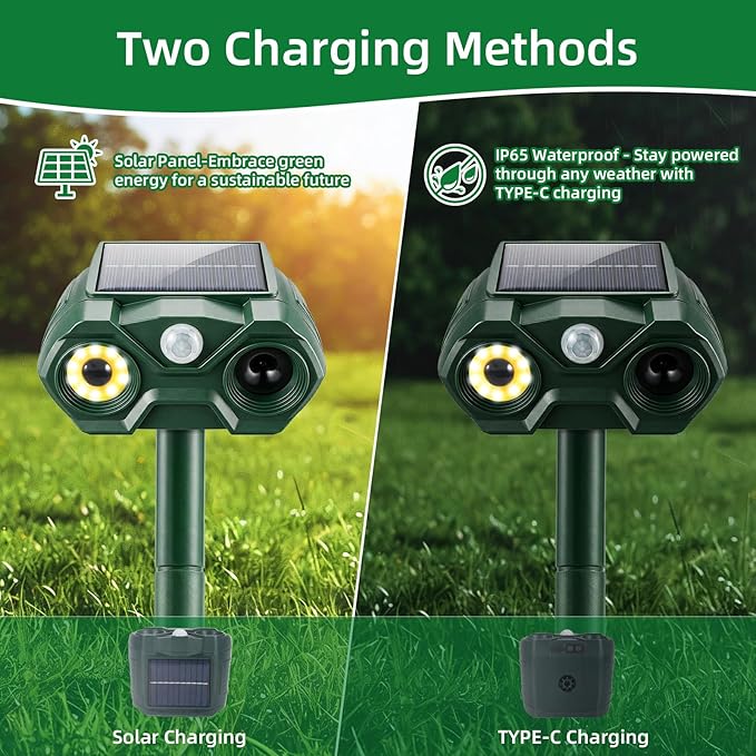 4 Pcs Solar Animal Repellert Outdoor Supplement USB Rechargeable Cat Repeller Outdoor Squirrel Rabbit Fox Adjustable Frequency Deer Repellent Devices with Light and Motion Detection