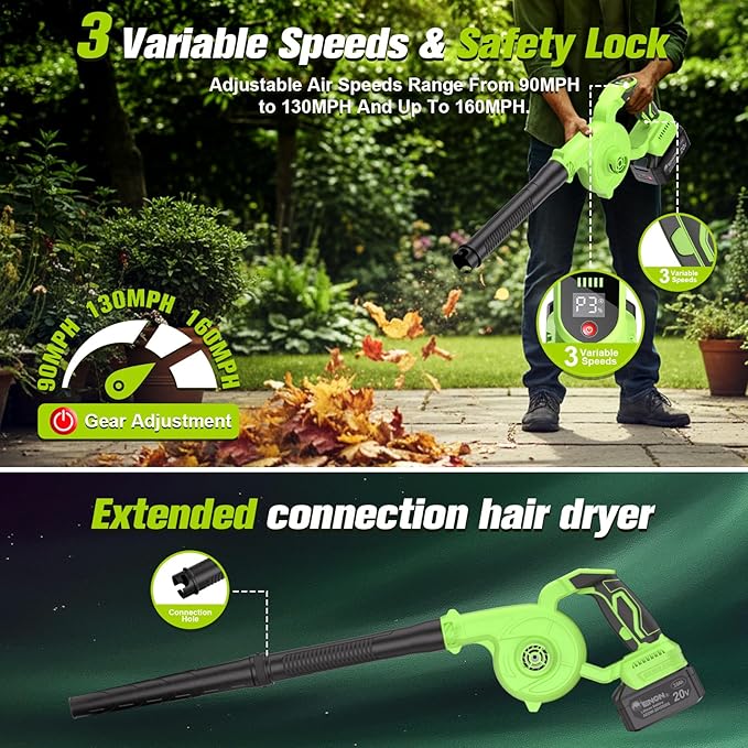 Brushless Electric Cordless Leaf Blower with Battery and Charger 3 Speed Mode Lightweight Cordless Blower for Blowing Leaves Patio Cleaning Blowers for Lawn Care and Dust