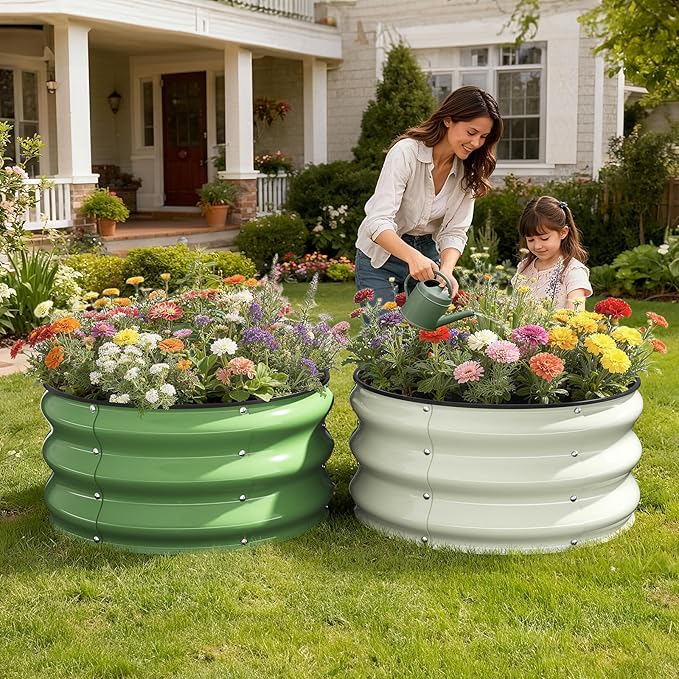 Galvanized Raised Garden Bed 2pcs 2x2x1 FT Round Metal Raised Garden Bed Outdoor Planter Box with Open Bottom Rust-Resistant Steel Garden Bed for Vegetables Herbs Flowers Easy Assembly