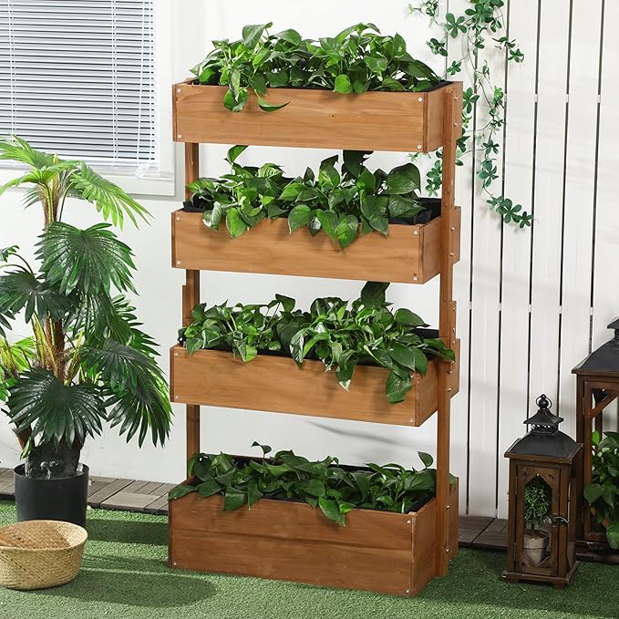 Vertical Garden Planter Wooden 4 Tier Planter Box Self Draining with Non Woven Fabric for Outdoor Flowers Vegetables and Herbs Orange