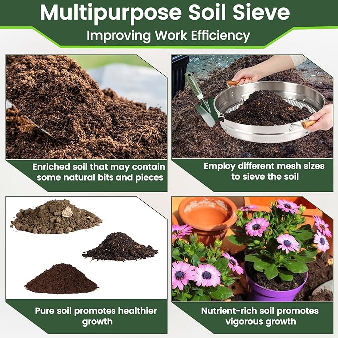 Large 14.57 Soil Sifter with 5 Interchangeable Stainless Steel Mesh Screens (1/3/6/9/12mm) + Stainless Steel Hand Trowel + Galvanized Garden Sieve for Compost Sand Gravel &amp Cat Litter (Silver)