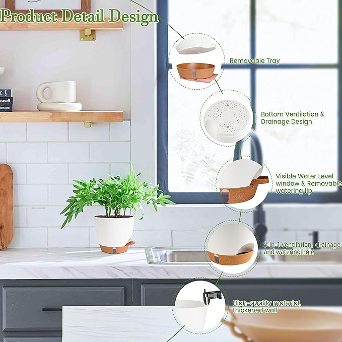 Self Watering Pots for Inoor Ourdoor Plants 10/9/8/7/6.5 Inch Plastic Planters with Drainage Holes &amp Water Level Indicator Decorative House Flower Nursery Planting Pots with Saucers ((White)