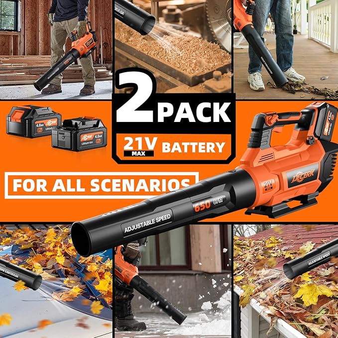 Decerk 21V Leaf Blower Cordless Electric Snow Blowers with 2X 4.0Ah Battery Lightweight Blower with Turbo Button Variable Speed Dial and Cruise Control for Sidewalks Garages Yards &amp Patios