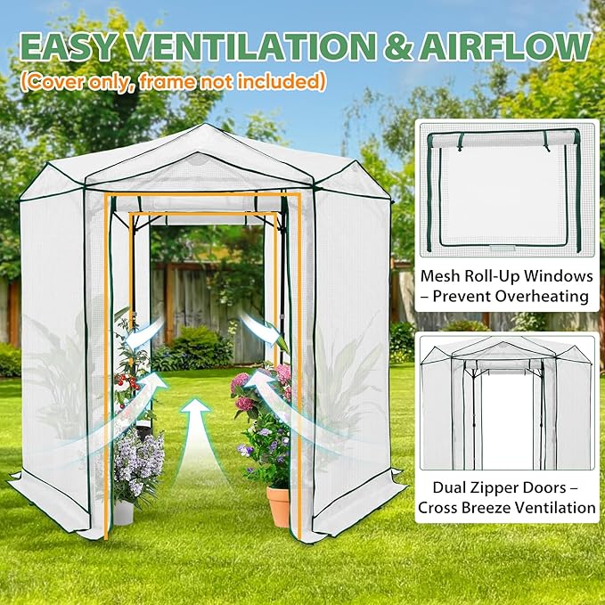 EAGLE PEAK Replacement Cover for 6.6x6.6 ft Hexagon Pop up Greenhouse Front and Rear Roll-Up Zipper Entry Doors and 2 Roll-Up Side Windows (Frame Not Included) White