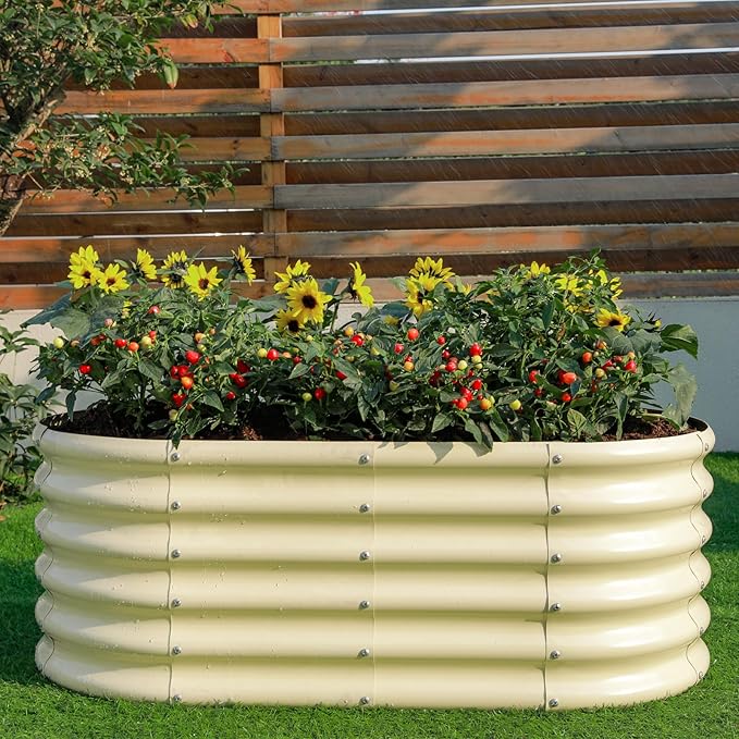 Land Guard 18“ Tall Outdoor Metal Raised Garden Bed Oval Deep Root Planter Box for Vegetables Flowers Herbs 89 Gallon Capacity - Cream Yellow