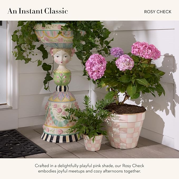MACKENZIE-CHILDS Enamel Garden Pot Decorative Pot for Plants Outdoor Flowerpot Decor Small Pink-and-White Rosy Check
