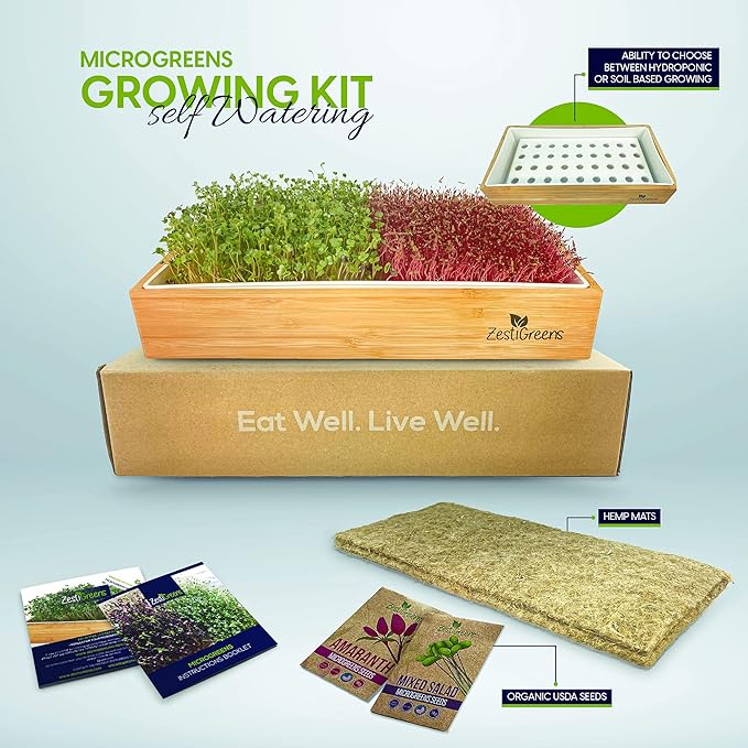ZESTIGREENS Self Watering Microgreens Growing Kit. Hands Down The Easiest Way to Grow Microgreens. Includes Tray Seeds Mats and Bamboo Surround. Great Gift for Gardeners