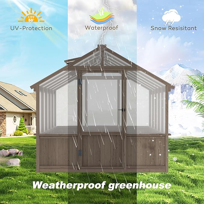 VEIKOU 8x10FT Greenhouses for Outdoors Walk-in Wooden Greenhouse with Cedar Frame &amp Adjustable Vent Garden Green House with 6MM Thick Polycarbonate Panel for Outside Backyard Light Brown Mocha