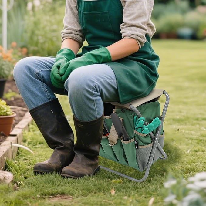 MDSTOP Folding Gardening Stool with Detachable Storage Tote Bag Gardening Tools Set Organizer for Fishing Outdoor Sports Hiking Camping Garden Gardening Gifts for Mom/Dad and Gardeners (Polyester)