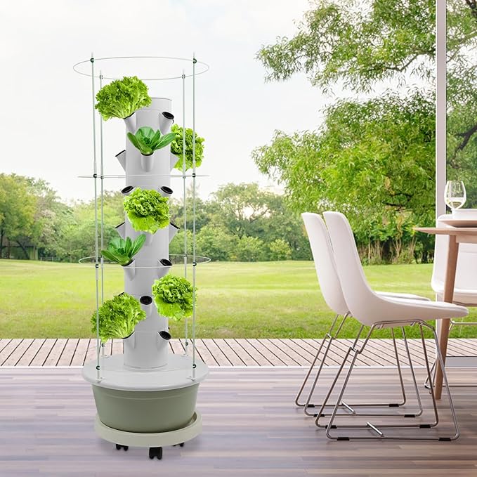 Hydroponic Growing System 28-Plant Vegetable Planter Tower Climbing Trellis Outdoor Indoor Garden Vertical Planter Germination Kit with Water Pump Intelligent Water Circulation &amp Timer Function