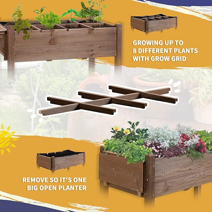 Outsunny Raised Garden Bed with 8 Grow Grids Wooden Outdoor Plant Box Stand with Folding Side Table and Wheels 49 x 21 x 34 for Vegetables Flowers Herbs Brown