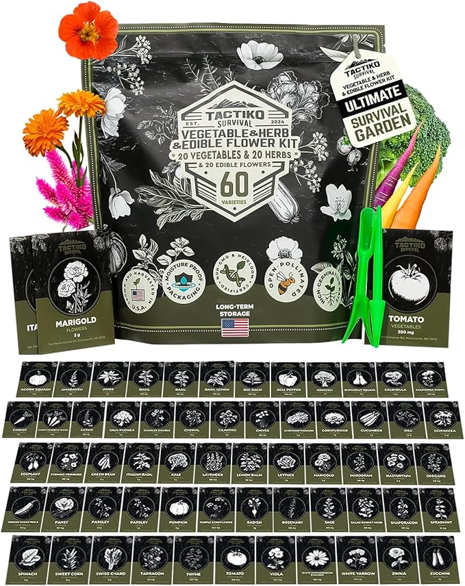 Tactiko Survival 60 Medicinal &amp Survival Seed Kit – Heirloom Non-GMO USA Grown Seeds for Vegetables Herbs &amp Edible Flowers – Emergency Food Supply Vault - Mylar Storage - Tools - Planting Gui