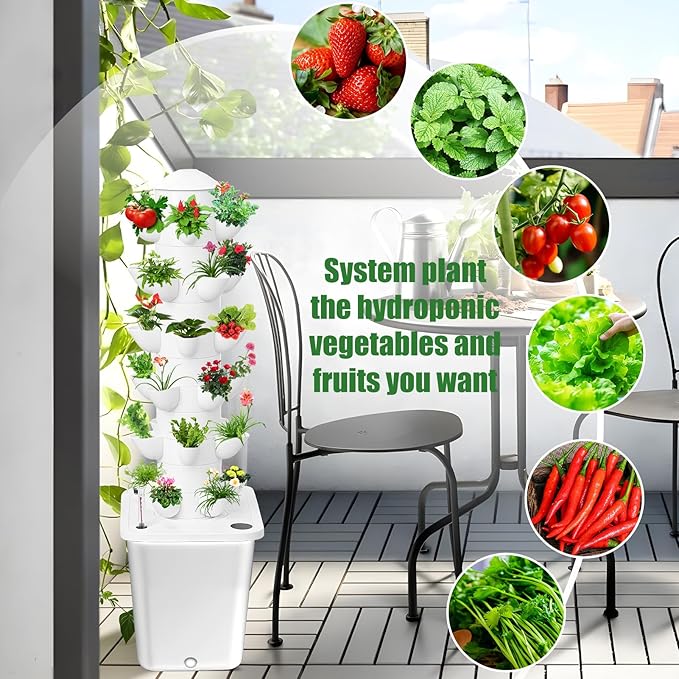 Hydroponic Tower Hydroponics Growing System Kit 6 Layers 30 Pods Vertical Planter Tower with 10L Tank Indoor Outdoor Hydroponic Grow System for Herb/Strawberry/Vegetable/Flower Planting (White)