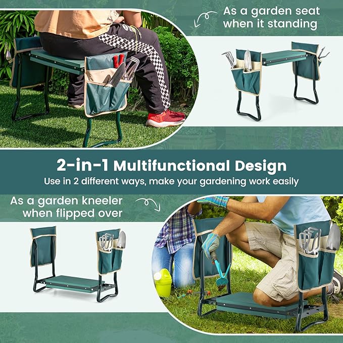 IRONMAX Garden Kneeler and Seat Heavy Duty Foldable Gardening Bench Stool w/Soft Foam Pad &amp 2 Tool Storage Bags for Kneeling &amp Sitting Gardening Gifts for Women Men