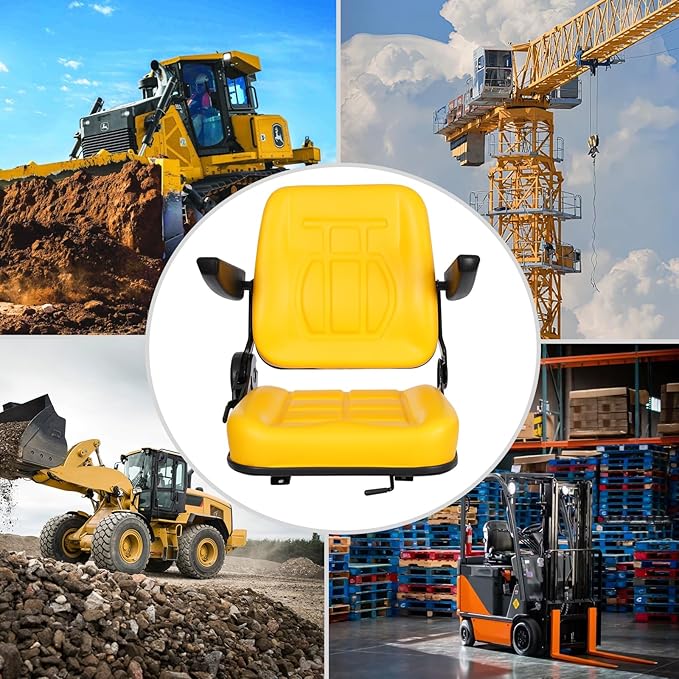 Universal Tractor Seat Forklift Lawn Mower Seat w/Armrests &amp Adjustable Backrest 30 ° -180 ° for Mowers Dozers Aerial Lifts Floor Scrubbers (Yellow)