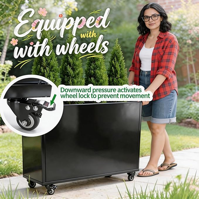 Modern Metal Planter Box Large Rectangular Planter for Outdoor Plants - Heavy Duty Tall Planter Box with Lockable Wheels Outdoor Planter for Porch/Patio/Garden (Black 38x12x24.5)