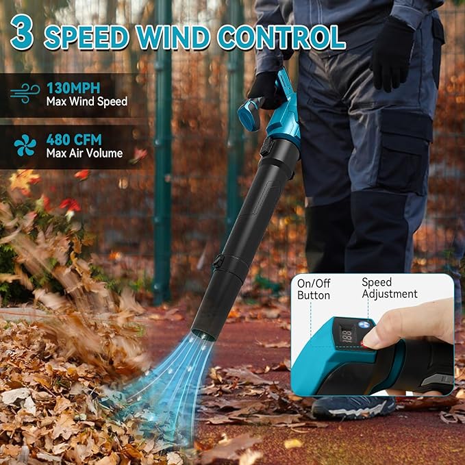 Cordless Leaf Blower Compatible with Makita 18v Battery Brushless Motor 130mph Wind Speed 480cfm Air Volume 3 Speed Adjustment with Dual Nozzles for Yard Snow Dust Leaves Cleaning