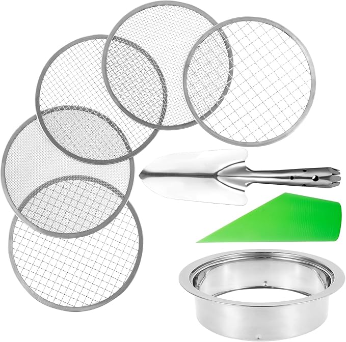 Soil Sieve Sifter Set Stainless Steel Soil Sifter with 5 Interchangeable Filter Mesh Sizes 1/3/6/9/12mm Multifunctional Soil Sieve Rustproof Garden Sieve Detachable Garden Soil Sifter for Gardening