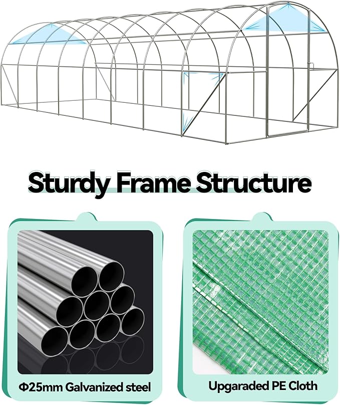 Large 27x10x7 FT Outdoor Walk-in Greenhouse with Swing Door 16 Mesh Windows Heavy-Duty Galvanized Steel Frame and Thick PE Cover Green Garden Plant House for Backyard Gardening