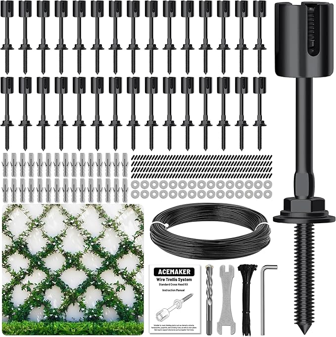 30-Set Black 1/8 Wire Trellis for Climbing Plants Outdoor with 150ft Vinyl Coated Cable T316 Stainless Steel Wall Wire Trellis Kit