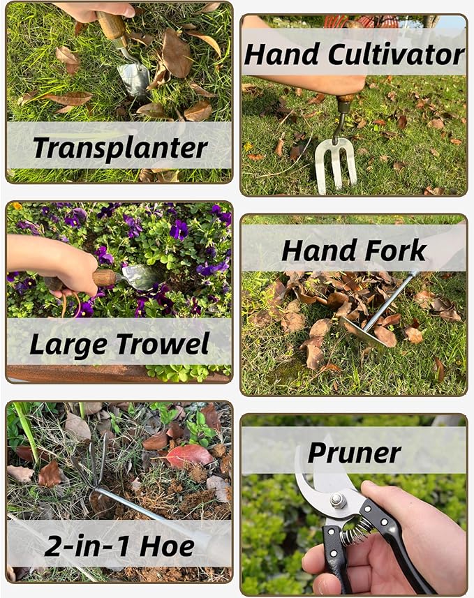 Garden Tool Set 6PCS Heavy Duty Stainless Steel Gardening Hand Tools with Ropes Includes Hand Cultivator Shovel Trowel Transplanter 2-in-1 Hoe Pruner Ideal Gardening Gifts for Women Men (Classic)