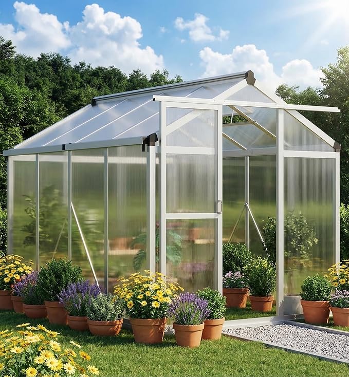 GAOMON 6 x 8 ft Greenhouse for Outdoor with Sliding Door Green House with Polycarbonate Panel &amp Ajustable Roof Vent &amp Ground Nails Walk-in Aluminum Greenhouses for Garden Patio