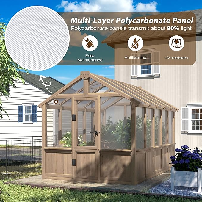 VEIKOU 6' x10' Wood Greenhouse for Outdoors with Lockable Door Cedar Frame &amp Adjustable Vent Wooden Green House with 6MM Thick Polycarbonate Panel for Garden Yard Light Brown Mocha