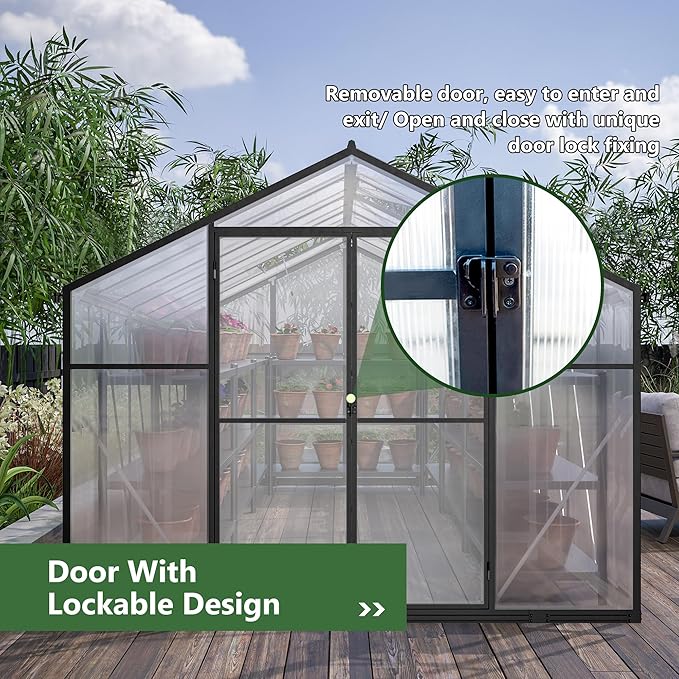 Heavy Duty Aluminum Greenhouse for Outdoor Winter Walk-in Polycarbonate Garden Greenhouse Kit with Base Adjustment Roof Vent Sliding Door Rain Gutter 2 Gloves Free Assembly Tools (8x12)