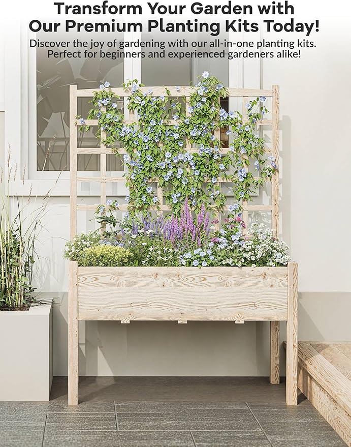 Raised Garden Bed with Trellis Elevated Planter Box with Legs For Backyard Patio Balcony w/Bed Liner Wood Standing Planter Stand for Climbing Plants Flowers Vegetables Herbs 46 in x23 in x65 in
