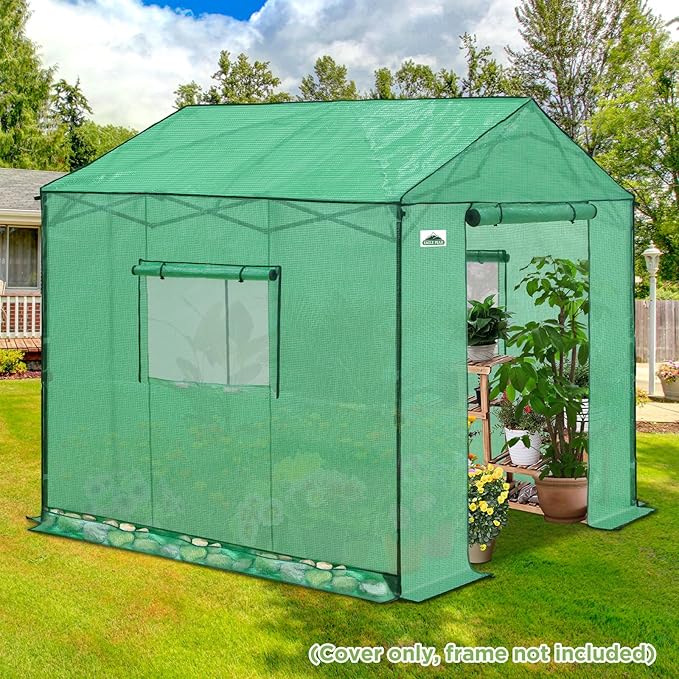 EAGLE PEAK Replacement Cover for 8x8 Gable Roof Pop up Greenhouse Front and Rear Roll-Up Zipper Entry Doors and 2 Large Roll-Up Side Windows (Frame Not Included) Green