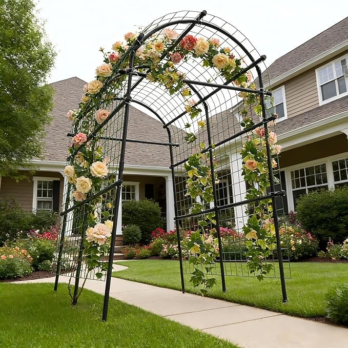 7Ft Adjustable Garden Arch Trellis for Climbing Plants Outdoor Heavy Duty Rustproof Stainless Steel Cucumber Trellis for Raised Beds Tall Metal Plant Support for Tomato Squash Beans Flowers