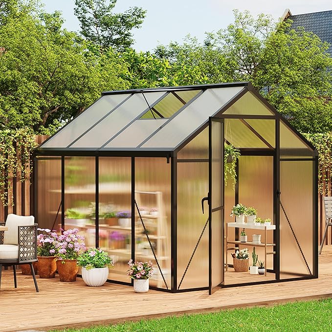 6x10 FT Greenhouse for Outdoors Polycarbonate Greenhouse with Roof Vent Ground Nails Lockable Hinged Door Aluminum Large Walk-in Green House for Outside Garden Backyard Patio Lawn Black